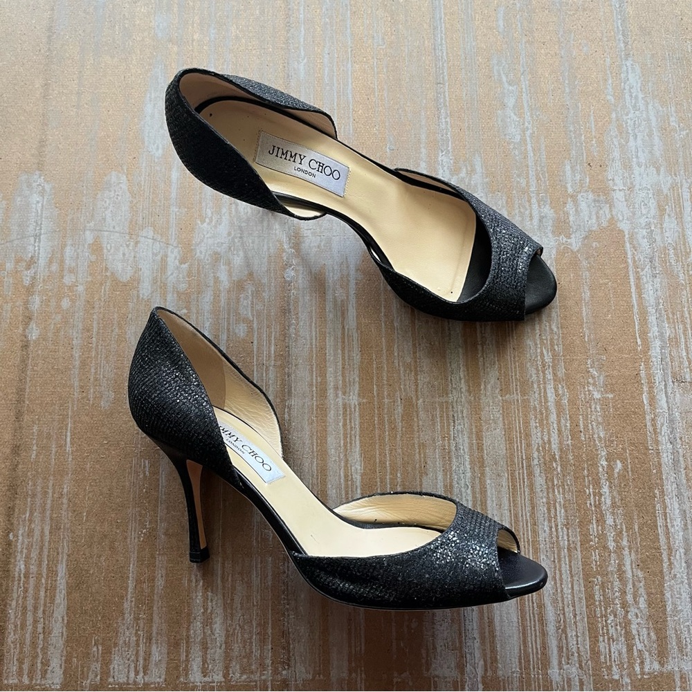 Jimmy Choo Suede Crystal Peep Toe Heels Black Career Event Womens 7.5
